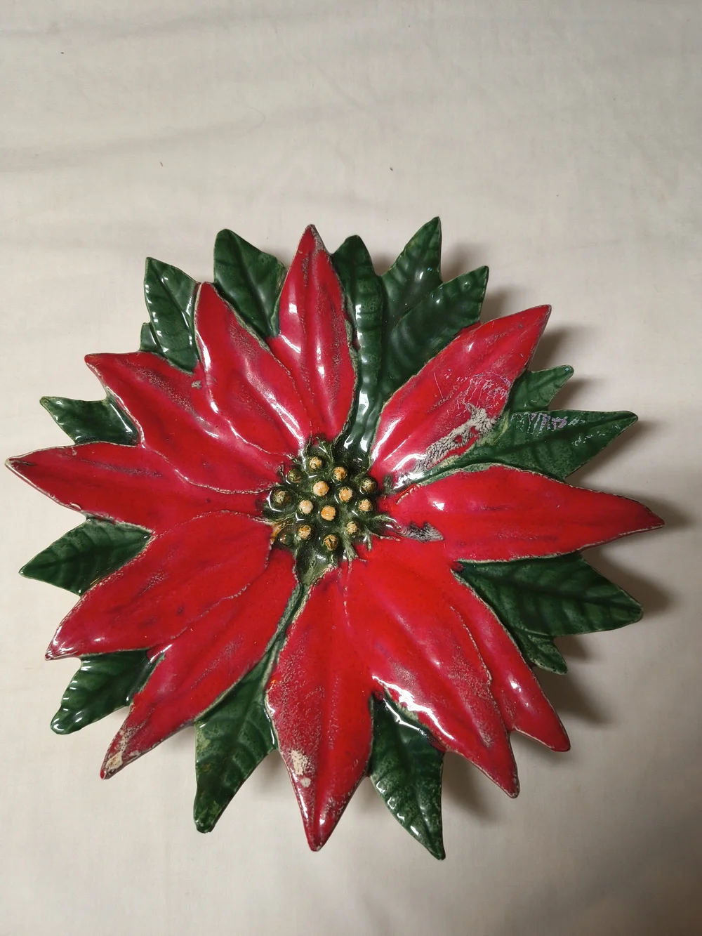 Vintage Christmas Poinsettia Holiday Candy Dish Decorative Plate - Red Decor